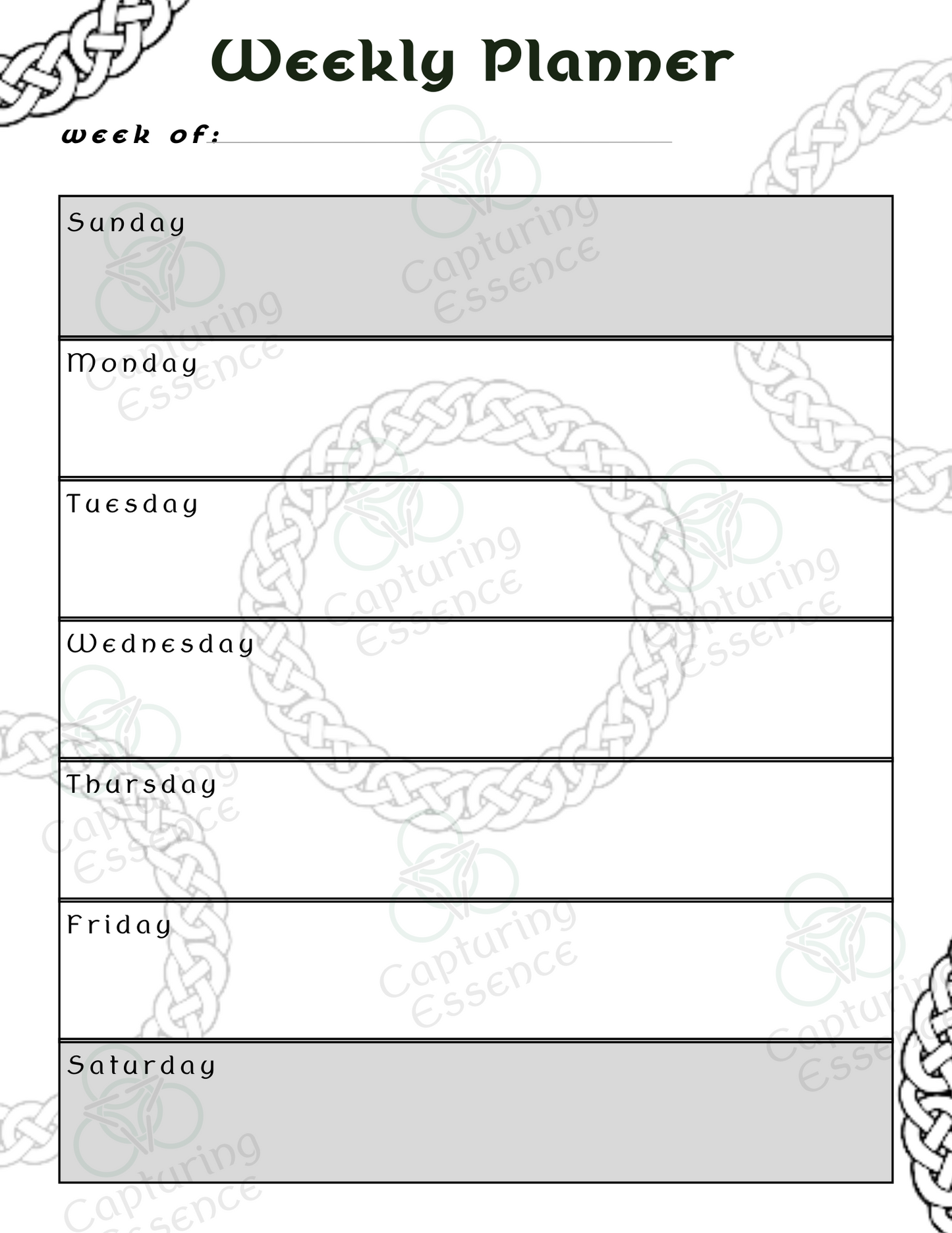 Weekly Celtic Themed Planner, Undated Weekly Planner, PDF Download