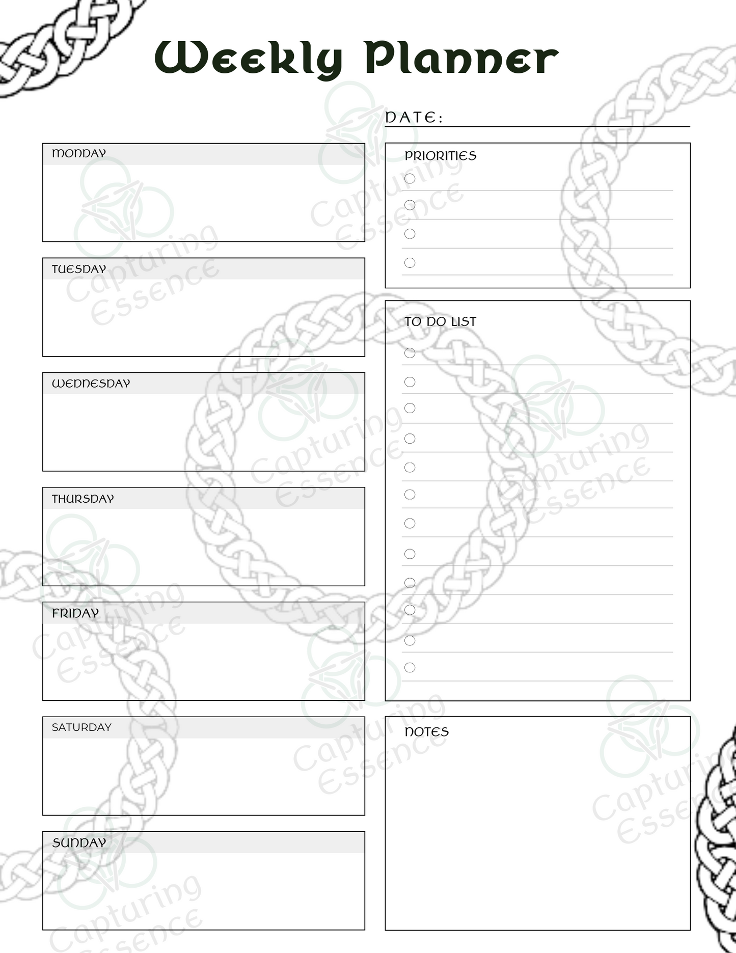 Weekly Celtic Themed Planner, Undated Weekly Planner, PDF Download