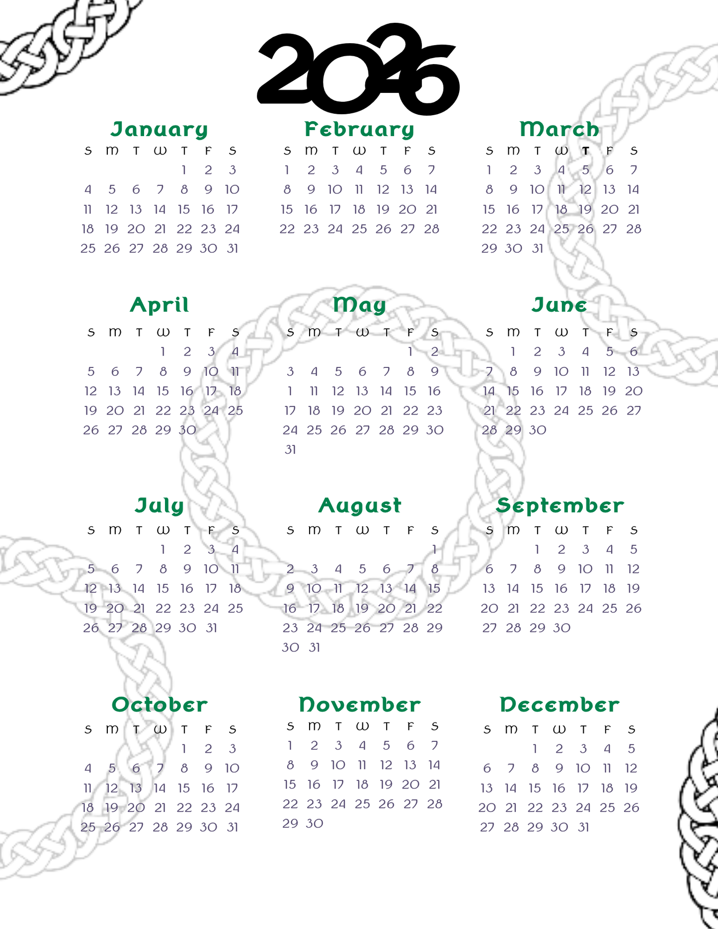 2026 Monthly Celtic Themed Planner, Monthly Dated Planner, PDF Download
