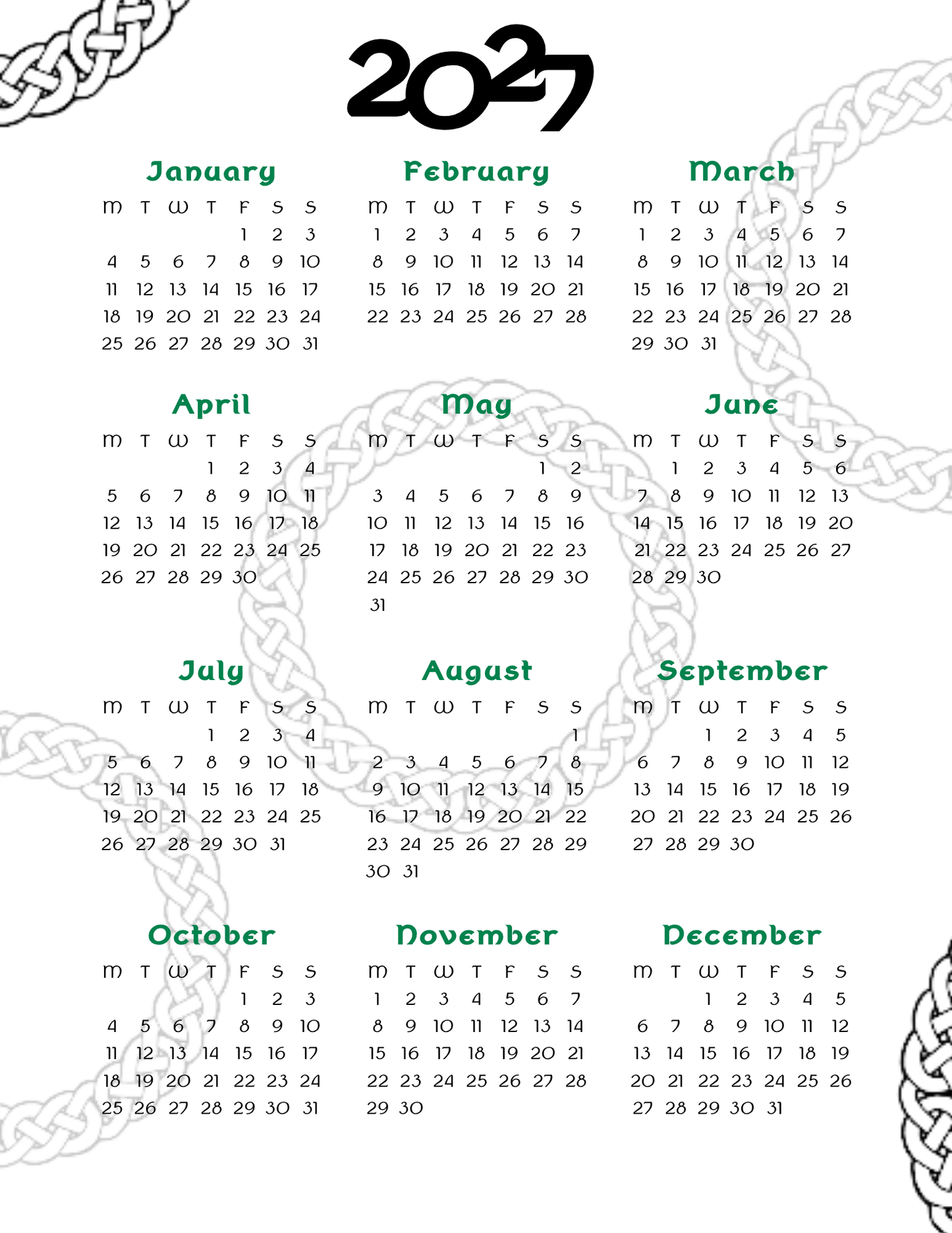 2027 Monthly Celtic Themed Planner, Monthly Dated Planner, PDF Download