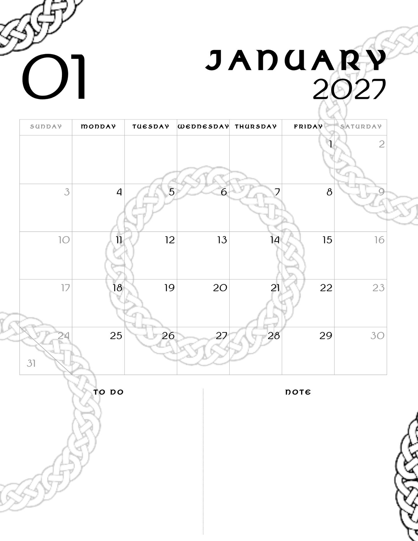 2027 Monthly Celtic Themed Planner, Monthly Dated Planner, PDF Download