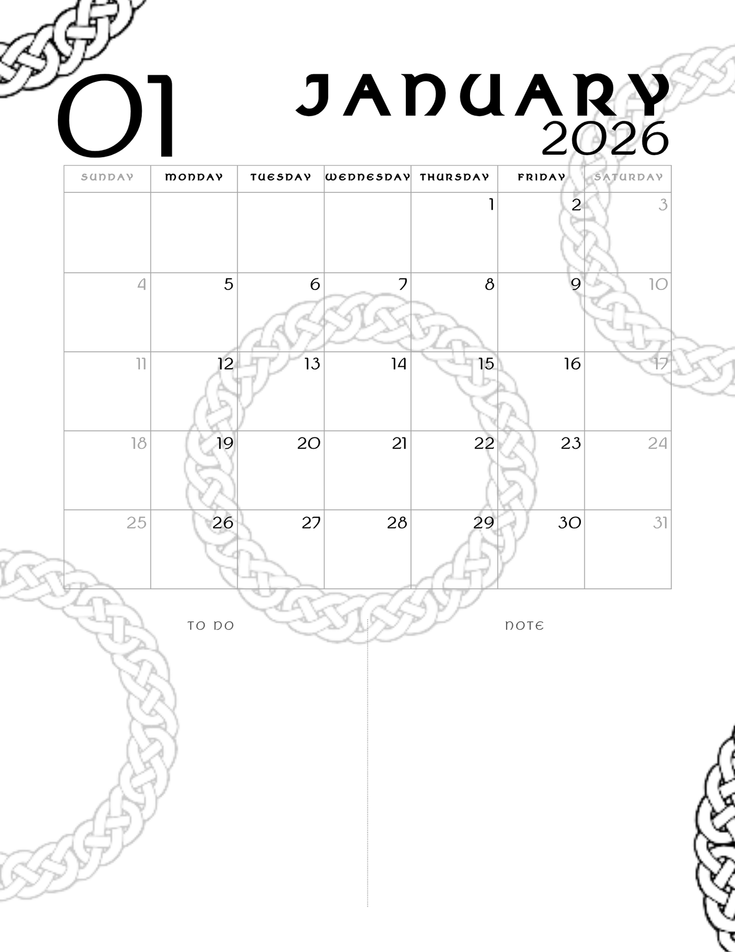 2026 Monthly Celtic Themed Planner, Monthly Dated Planner, PDF Download