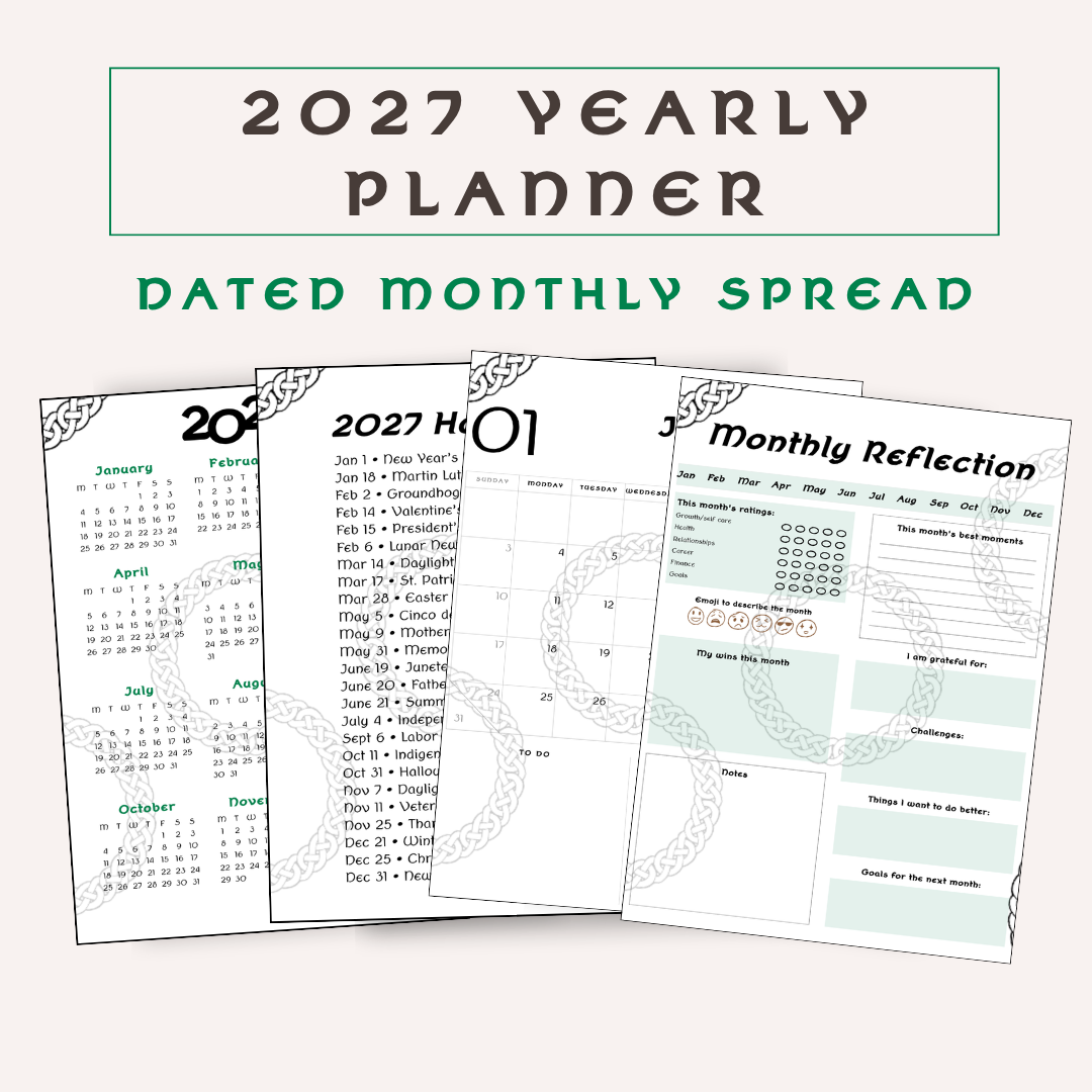 2027 Monthly Celtic Themed Planner, Monthly Dated Planner, PDF Download