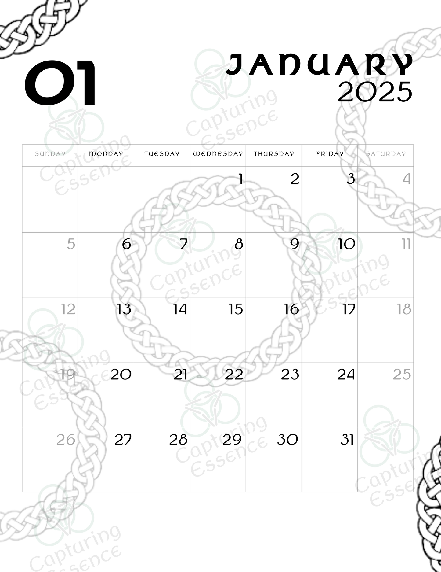 Monthly Calendar, 2025 Dated Monthly Calendar, Celtic Themed