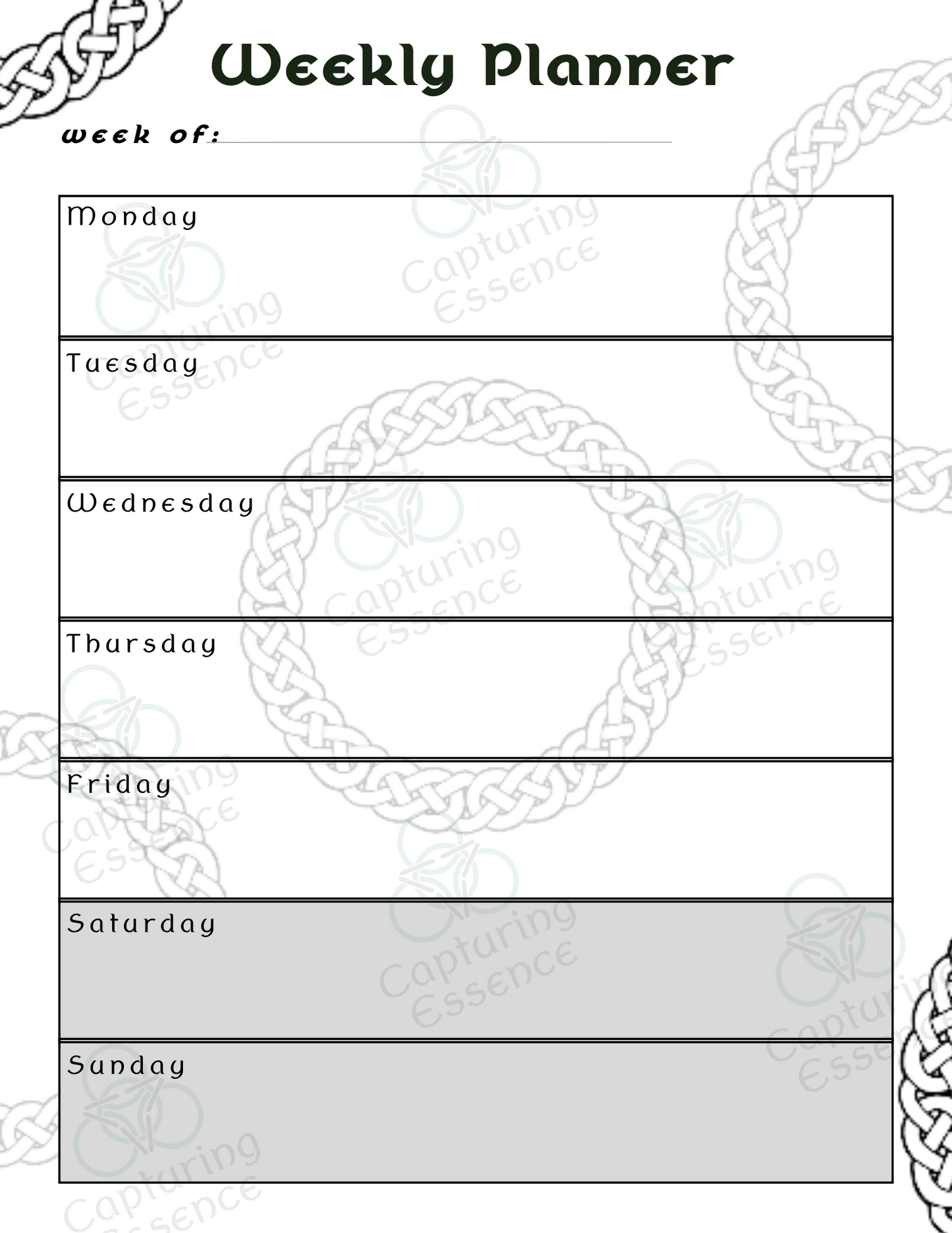 Weekly Celtic Themed Planner, Undated Weekly Planner, PDF Download